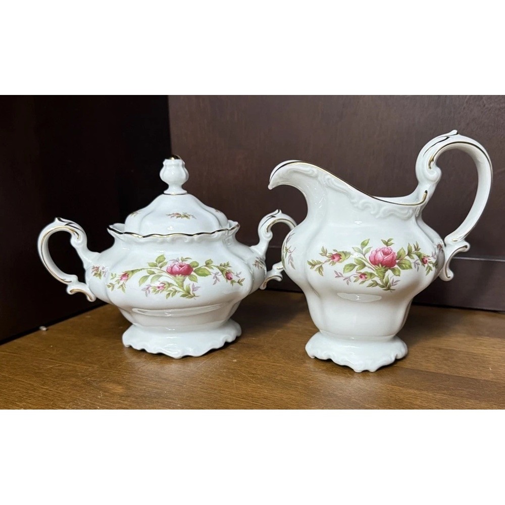 Johann Haviland Moss Rose Creamer and Sugar with Lid Gold Banded Mint